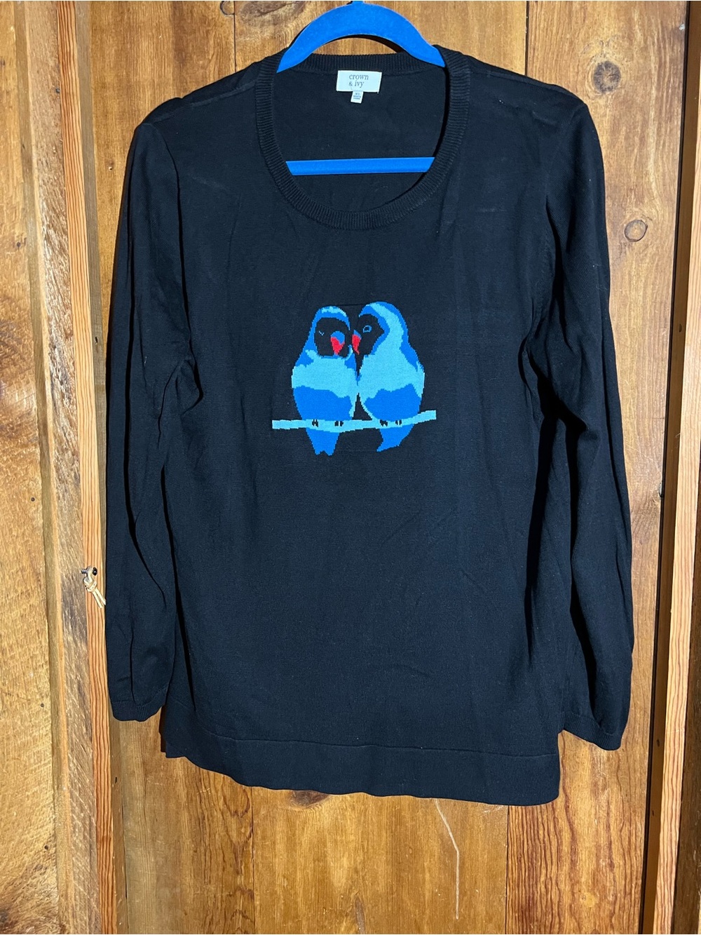 Crown & Ivy Black Sweater with Blue Bird Print